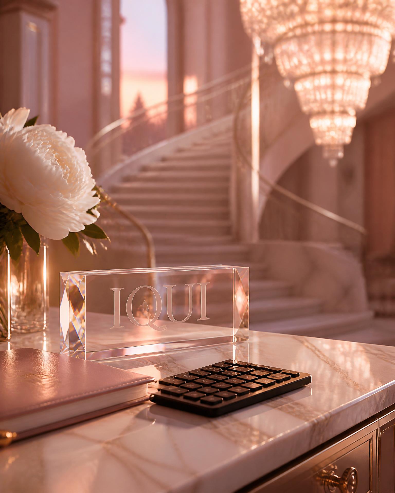 Close-up of the marble desk with calculator, peony and crystal IQUI nameplate.